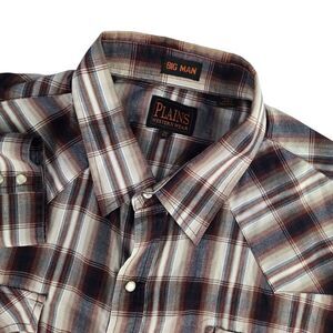Plains Western Wear Big Man Men 2XL XXL Brown Plaid Long Sleeve Pearl Snap Shirt